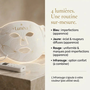 Lunéva Glow Pro — Masque LED visage premium (peau adulte : imperfections & rougeurs)